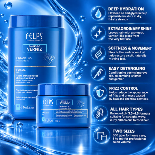 Felps Professional Banho de Verniz Hidrabrilho Behandelingsmasker – Diepe Hydratatie, Zachtheid & Uitzonderlijke Glans – (Kies Maat: 10.6 oz / 300 g of 35.3 oz / 1 kg)