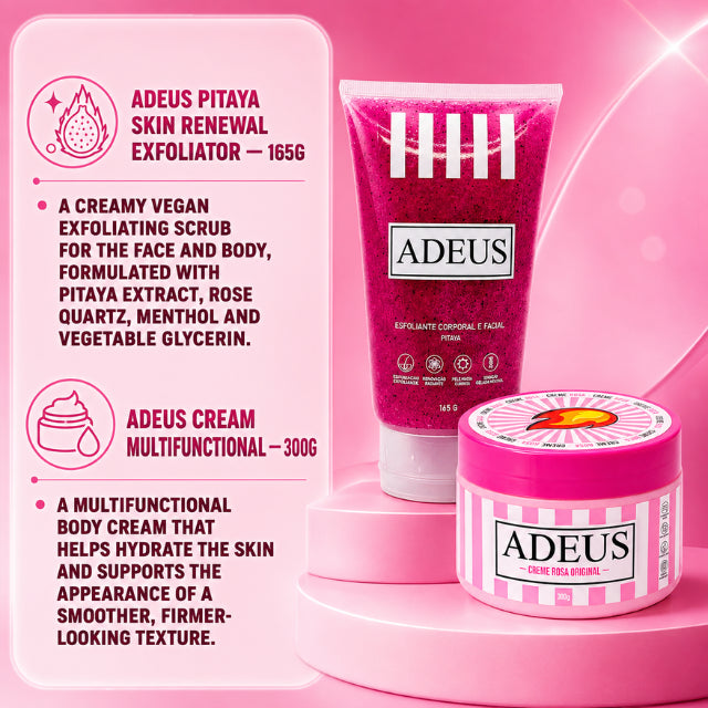 Adeus Cream Skin Renewal & Firming Duo Kit – Pitaya Exfoliator & Cellulite Cream (Kit with Adeus Pitaya Exfoliator 5.82 oz / 165g & Adeus Cellulite Cream 10.58 oz / 300g)