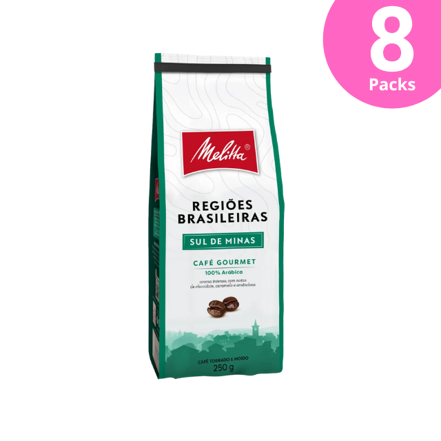 8 balení Melitta Brazilian Regions Pražená a mletá káva – Sul de Minas – 8 x 250 g (8,8 oz) – tóny čokolády, karamelu a ořechů – 100% káva Arabica
