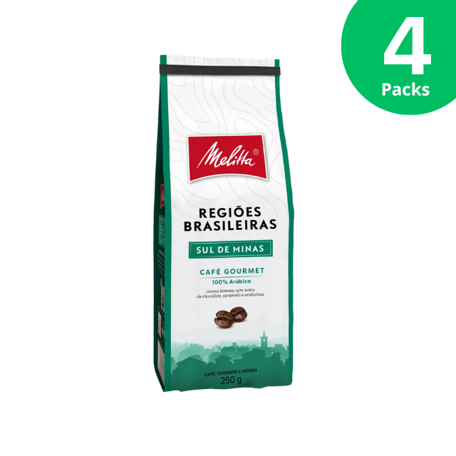 4 balení Melitta Brazilian Regions Pražená a mletá káva – Sul de Minas – 4 x 250 g (8,8 oz) – tóny čokolády, karamelu a ořechů – 100% káva Arabica
