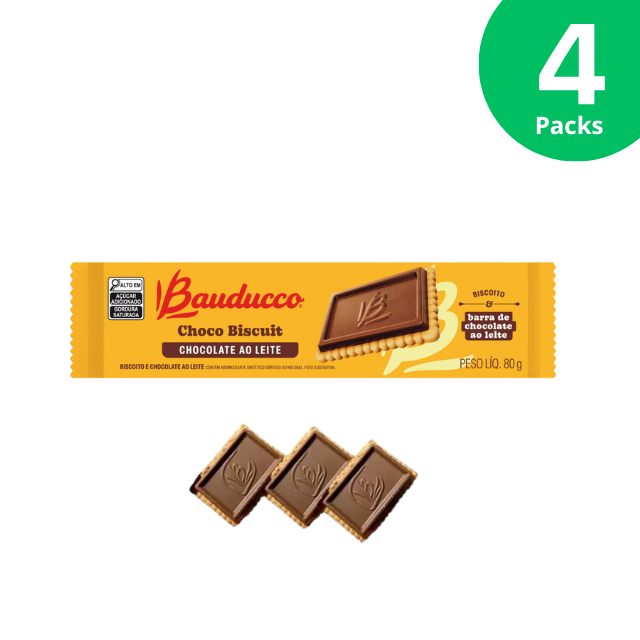 4 Pacotes de Biscoito Chocolate ao Leite - Pacote de Biscoitos Bauducco Choco - 4x 80g (2.82 oz)