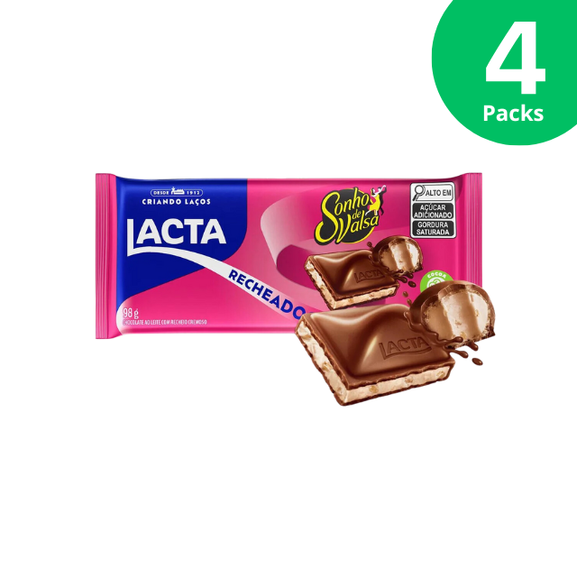 4 paquets de barre Lacta au chocolat fourrée Sonho De Valsa - 4 x 98G (3,45 oz)