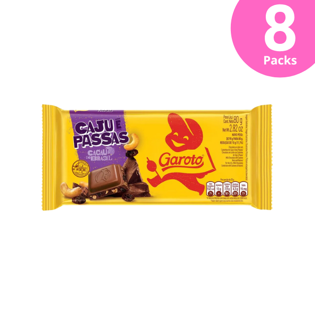 8 paquets de tablettes de chocolat au lait avec noix de cajou et raisins secs - 8 x 80 g (2,82 oz) GAROTO