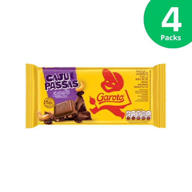 4 Pacotes de Chocolate ao Leite com Castanha de Caju e Passas - 4 x 80g (2.82oz) GAROTO