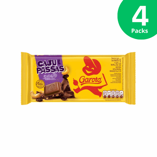 4-Pack Milk Chocolate with Cashews and Raisins Tablet - 4 x 80g (2.82oz) GAROTO