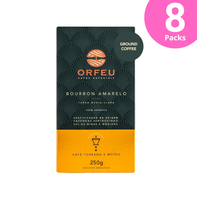 8 Packungen ORFEU Special Coffee Yellow Bourbon – 100 % Arabica-Kaffee, mittelhelle Röstung, gemahlen und geröstet – Aroma von Zitrusfrüchten, betonte Säure – 8 x 250 g (8,8 oz)