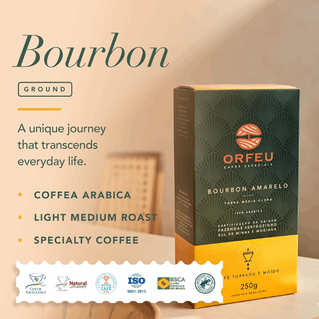 4 Packs ORFEU Special Coffee Yellow Bourbon - 100% Arabica Coffee, Medium-Light Roast, Ground & Roasted-  Aroma of Citrus Fruits, Accentuated Acidity - 4 x 250g (8.8oz)