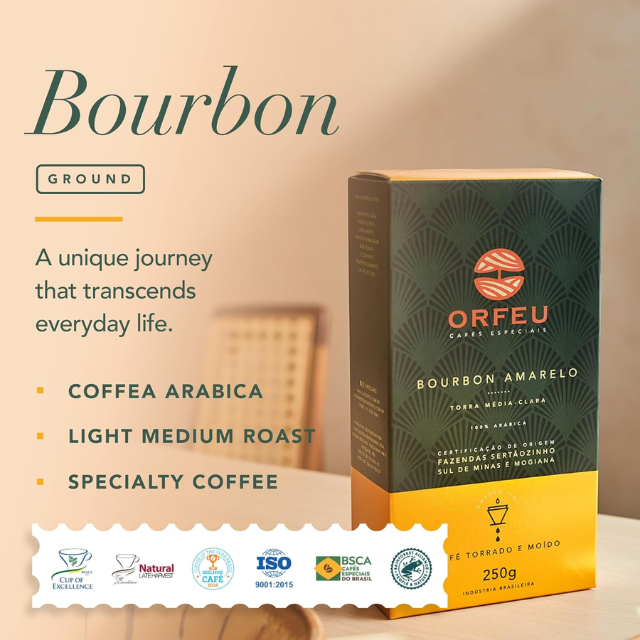 8 Packs ORFEU Special Coffee Yellow Bourbon - 100% Arabica Coffee, Medium-Light Roast, Ground & Roasted-  Aroma of Citrus Fruits, Accentuated Acidity - 8 x 250g (8.8oz)