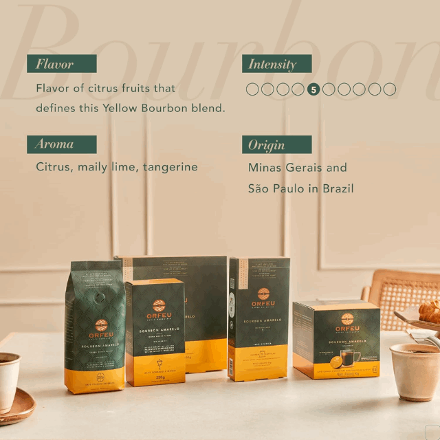 4 Packs ORFEU Special Coffee Yellow Bourbon - 100% Arabica Coffee, Medium-Light Roast, Ground & Roasted-  Aroma of Citrus Fruits, Accentuated Acidity - 4 x 250g (8.8oz)