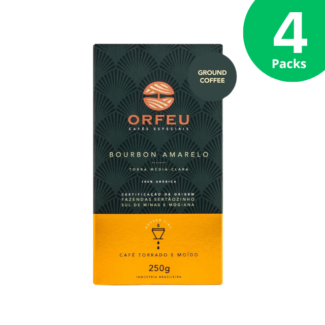 4 Confezioni ORFEU Special Coffee Yellow Bourbon - Caffè 100% qualità arabica, tostatura medio-leggera, macinato e tostato - Aroma di agrumi, acidità accentuata - 4 x 250 g (8,8 once)