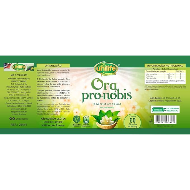 Ora Pro-Nóbis - 60 Capsules of Pereskia Aculeata - Vegan-Friendly - 450mg Each