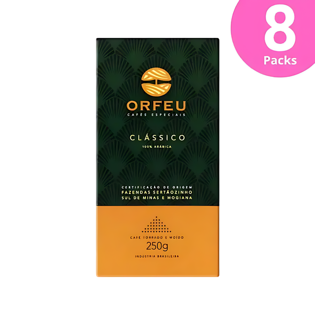 عبوة 8 من قهوة Orfeu Classic مطحون – 100% Arabica، بنفحات زهرية، فواكهية وكراميل، تحميص متوسط – 8 × 8.82 أونصة (250 جم) – أفضل قيمة لعشاق القهوة  