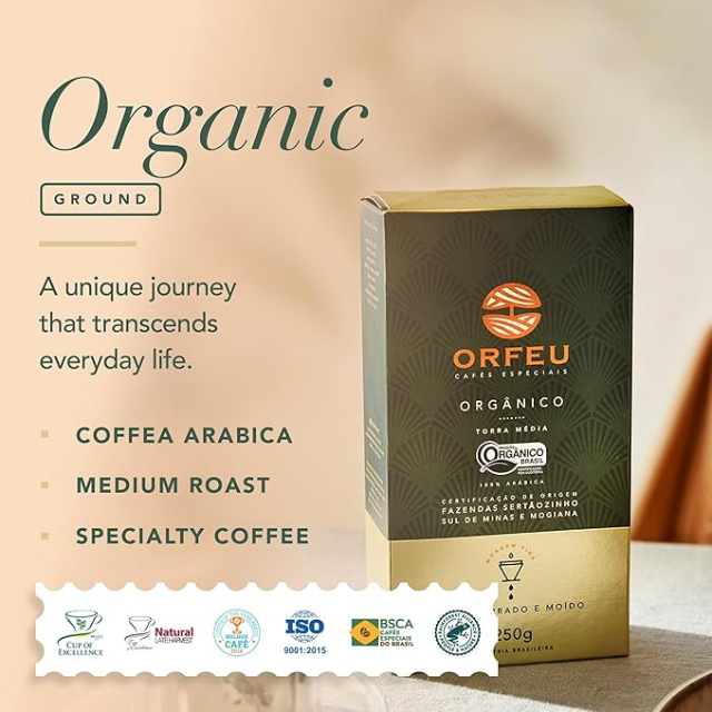 Pacote com 8 cafés moídos orgânicos Orfeu - 8 x 250g (8,8 oz) Café Arábica Brasileiro