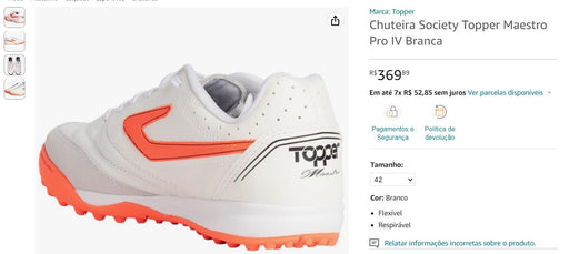 Personal Shopper | Buy from Brazil - Chuteira Society Topper Maestro Pro IV Branca - 1 pair - Size 42BR (DDP) MKPBR - Brazilian Brands Worldwide