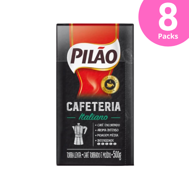 8 balení Pilão Cafeteria Italiano Mletá káva – 8 x 500 g (17,6 oz)
