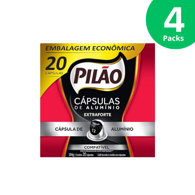 4 Packs Pilão Extra Strong Espresso Coffee Capsules - 4 x Box 104g (3.67oz) - 80 Capsules - Compatible with Nespresso