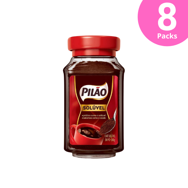 8 Packs Pilão Soluble Instant Coffee Glass Jar - 8 x 100g (3.53 oz) - Strong and Flavorful