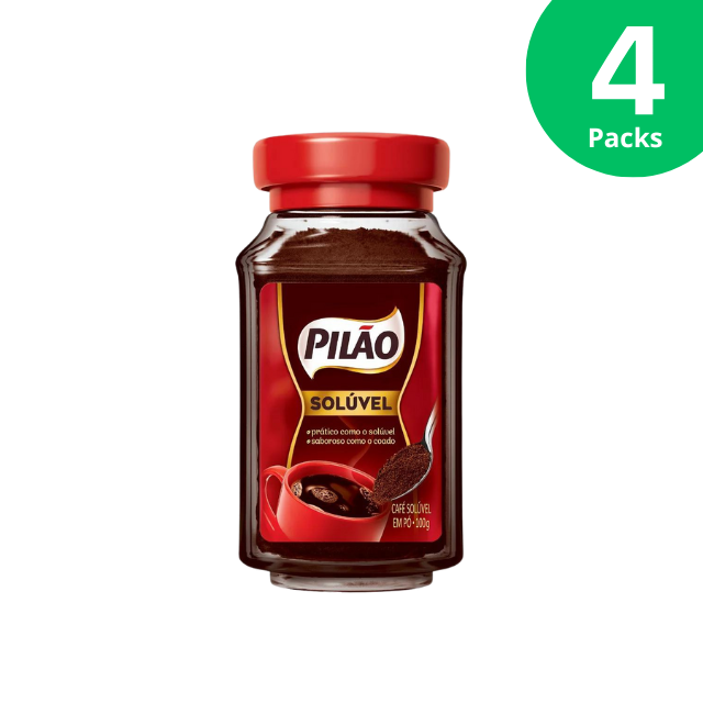 4 Packs Pilão Soluble Instant Coffee Glass Jar - 4 x 100g (3.53 oz) - Strong and Flavorful