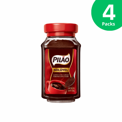 4-Pack Pilão Soluble Instant Coffee Glass Jar - 4 x 100g (3.53 oz) - Strong and Flavorful