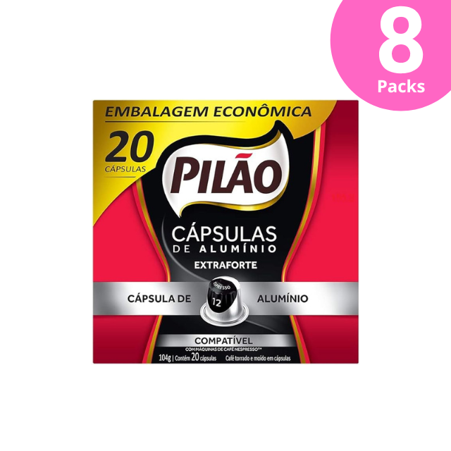 Pacote com 8 Cápsulas de Café Espresso Extra Forte Pilão - 8 x Caixa 104g (3.67oz) - 160 Cápsulas - Compatível com Nespresso