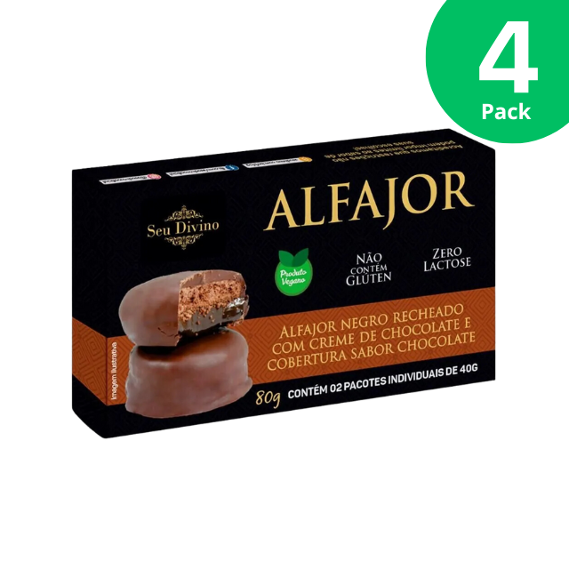 4 paquetes de alfajor oscuro Seu Divino - Vegano - Relleno de crema de chocolate - 4 x 80 g (2,8 oz)