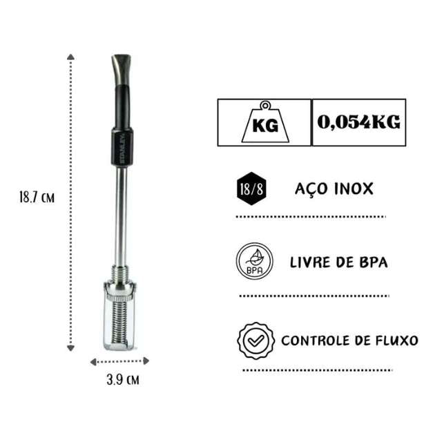 Stanley Adjustable Bombilla stainless steel straw for mate, chimarrão and tereré - Matte black and chrome finish - 54g (1.9 oz)