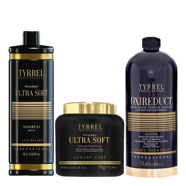 مجموعة إصلاح ما بعد الكيمياء + محاذاة تقدمية Oxireduct Tyrrel Professional Ultra Soft – نظام استعادة الألياف 3 خطوات (شامبو 1 لتر + قناع 1 كجم + Oxireduct 1 لتر)