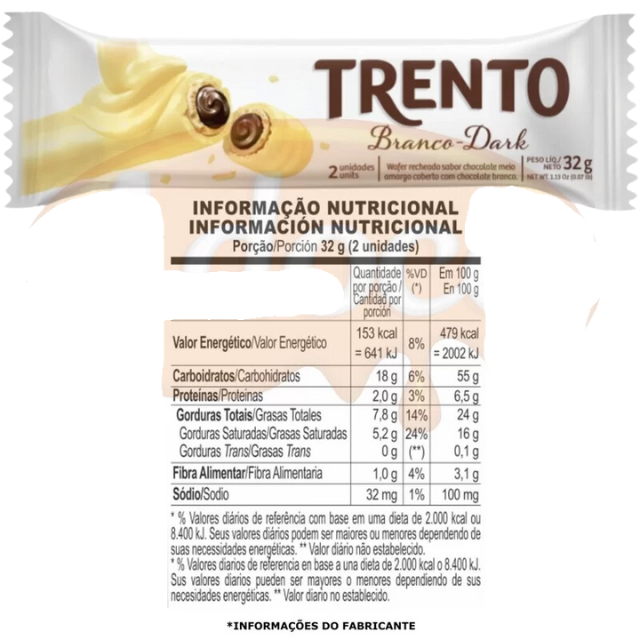 Obleas cubiertas de chocolate blanco Trento - relleno de chocolate - 32gr- Caja de 16 - Peccin