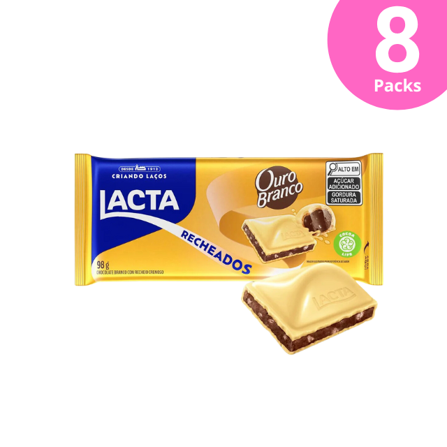 8 paquetes de barra rellena de chocolate blanco Ouro Branco Lacta - 8 x 98 g (3,45 oz)