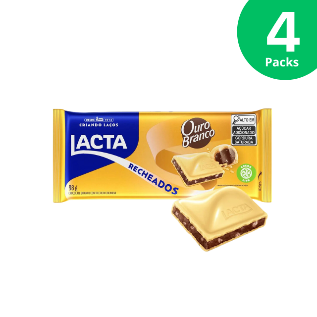 4 paquets de barre fourrée au chocolat blanc Ouro Branco Lacta - 4 x 98 g (3,45 oz)