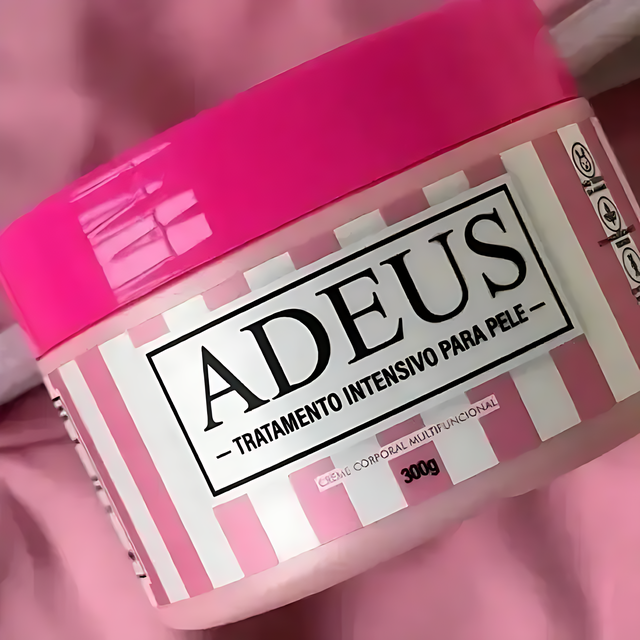 Adeus Cream cellulite and stretch mark cream in a pink and white striped 300g jar