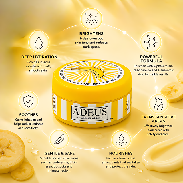 Adeus Dark Spot Correcting Cream for Intimate Areas and Body – 3.52 oz (100g). Clinical results infographic showing 98% brighter underarms, 90% clearer bikini area, visible results in 7 days – Buy now at MKPBR.COM – Worldwide Shipping