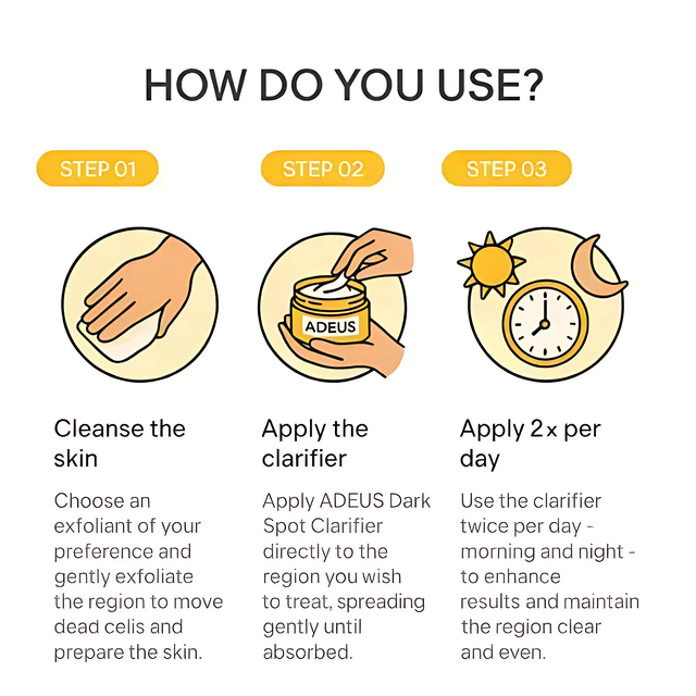 Step-by-step how to use Adeus Dark Spot Correcting Cream for underarms, bikini, and body brightening - Buy now at MKPBR.COM - Worldwide Shipping