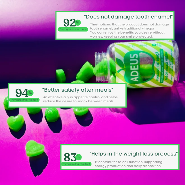 Adeus Apple Cider Vinegar Gummies – Green Apple Flavor for Metabolic Support and Natural Satiety – 5.29 oz (150 g) – Enamel-safe ACV alternative – Buy now at MKPBR.COM – Worldwide Shipping