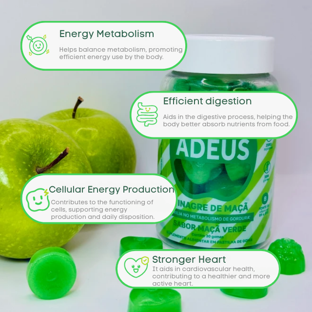 Adeus Apple Cider Vinegar Gummies – Green Apple Flavor for Metabolic Support and Natural Satiety – 5.29 oz (150 g) – Metabolic support benefits – Buy now at MKPBR.COM – Worldwide Shipping