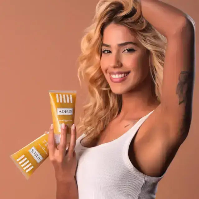 Adeus Banana Skin Brightening Exfoliator – Gentle Body & Face Renewal Scrub, 5.82 oz (165g) - Smiling woman with blonde hair holding two tubes, showcasing product and radiant skin – Buy now at MKPBR.COM – Worldwide Shipping