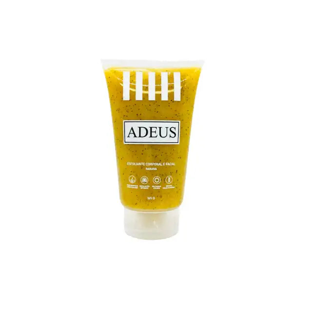 Adeus Banana Skin Brightening Exfoliator – Gentle Body & Face Renewal Scrub, 5.82 oz (165g) - Single tube, transparent showing yellow scrub, standing upright on white background – Buy now at MKPBR.COM – Worldwide Shipping