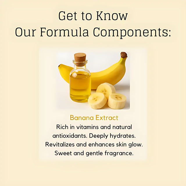 Adeus Banana Skin Brightening Exfoliator – Gentle Body & Face Renewal Scrub, 5.82 oz (165g) - Graphic explaining Banana Extract benefits: rich in vitamins, hydrates, revitalizes, enhances skin glow, sweet fragrance – Buy now at MKPBR.COM – Worldwide Shipping