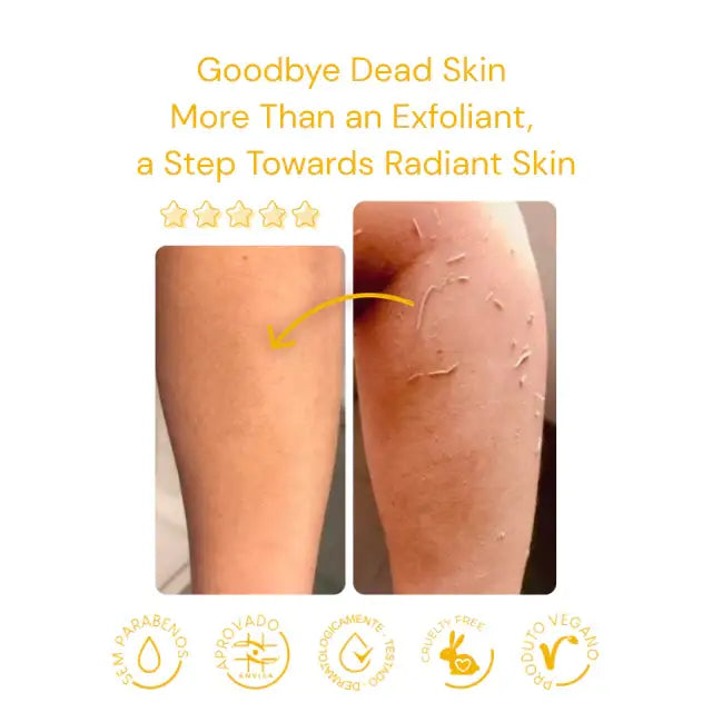 Adeus Banana Skin Brightening Exfoliator – Gentle Body & Face Renewal Scrub, 5.82 oz (165g) - Before and after image showing smoother, brighter skin results, with official certification logos – Buy now at MKPBR.COM – Worldwide Shipping