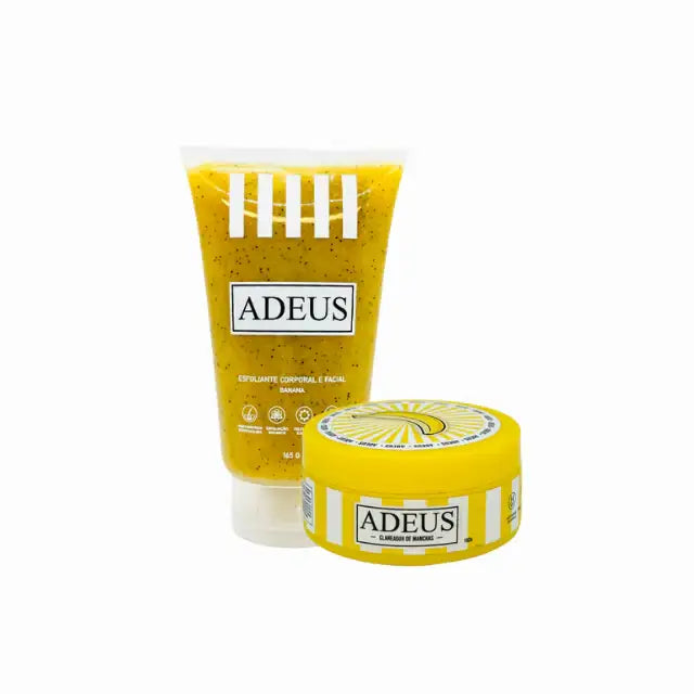 Adeus Skin Brightening Duo Kit – Banana Exfoliator & Dark Spot Cream. Clean product shot of the complete kit for e-commerce listings – Buy now at MKPBR.COM – Worldwide Shipping