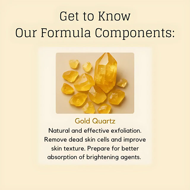 Adeus Banana Skin Brightening Exfoliator – Gentle Body & Face Renewal Scrub, 5.82 oz (165g) - Graphic highlighting Gold Quartz benefits: natural exfoliation, dead skin removal, skin texture refinement – Buy now at MKPBR.COM – Worldwide Shipping