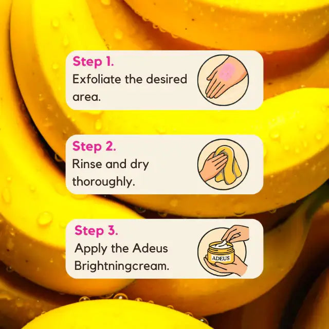 Adeus Banana Skin Brightening Exfoliator – Gentle Body & Face Renewal Scrub, 5.82 oz (165g) - Step-by-step usage guide with banana background for optimal application – Buy now at MKPBR.COM – Worldwide Shipping