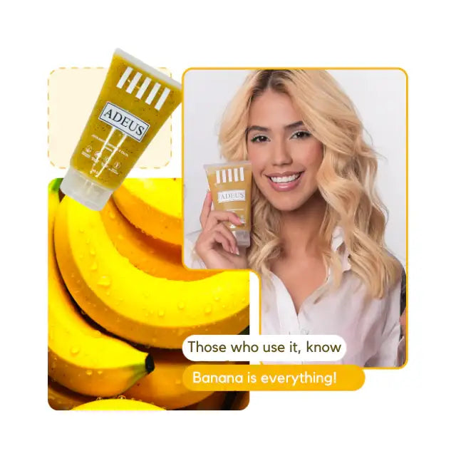 Adeus Banana Skin Brightening Exfoliator – Gentle Body & Face Renewal Scrub, 5.82 oz (165g) - Montage of model, product, fresh bananas, and the phrase 'Banana is everything!' – Buy now at MKPBR.COM – Worldwide Shipping