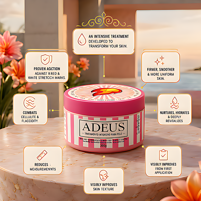 Adeus Multi-Action Intensive Body Cream for Cellulite and Stretch Marks – 10.58 oz (300g). Benefits graphic showing clinical results: 98% stretch mark improvement, 86% cellulite improvement, 95% hydration – Buy now at MKPBR.COM – Worldwide Shipping