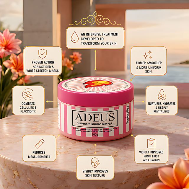 Adeus Multi-Action Intensive Body Cream for Cellulite and Stretch Marks – 10.58 oz (300g). Benefits graphic showing clinical results: 98% stretch mark improvement, 86% cellulite improvement, 95% hydration – Buy now at MKPBR.COM – Worldwide Shipping