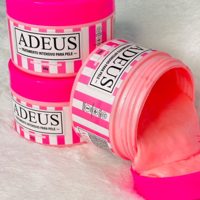 Adeus Multi-Action Intensive Body Cream for Cellulite and Stretch Marks – 10.58 oz (300g). Woman applying the rich, silky cream texture onto skin in a warm lifestyle setting – Buy now at MKPBR.COM – Worldwide Shipping