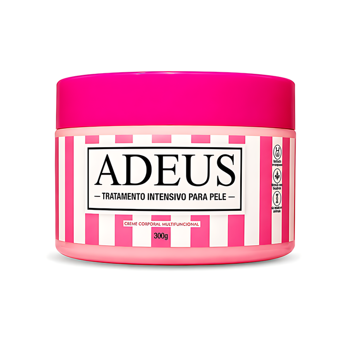 Adeus Cream cellulite and stretch mark cream in pink striped 300g container for intensive skin treatment