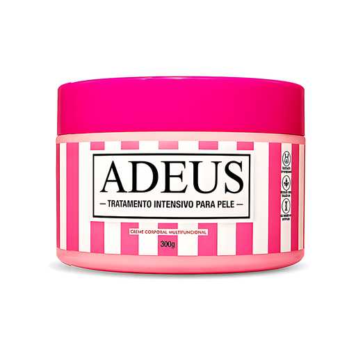 Adeus Cream cellulite and stretch mark cream in pink striped 300g container for intensive skin treatment