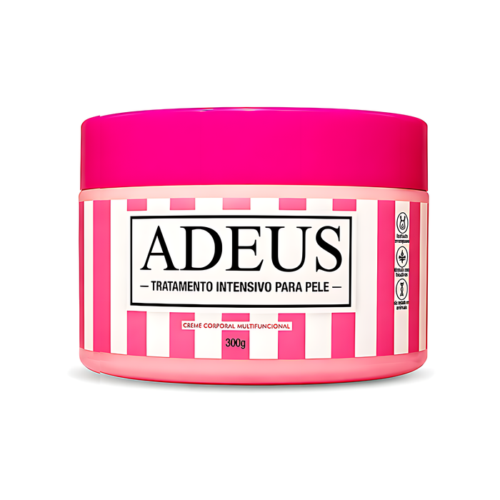 Adeus Cream cellulite and stretch mark cream in pink striped 300g container for intensive skin treatment