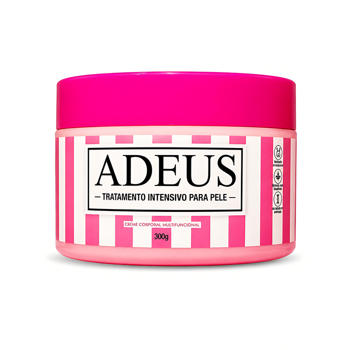 Adeus Cream cellulite and stretch mark cream in pink striped 300g container for intensive skin treatment